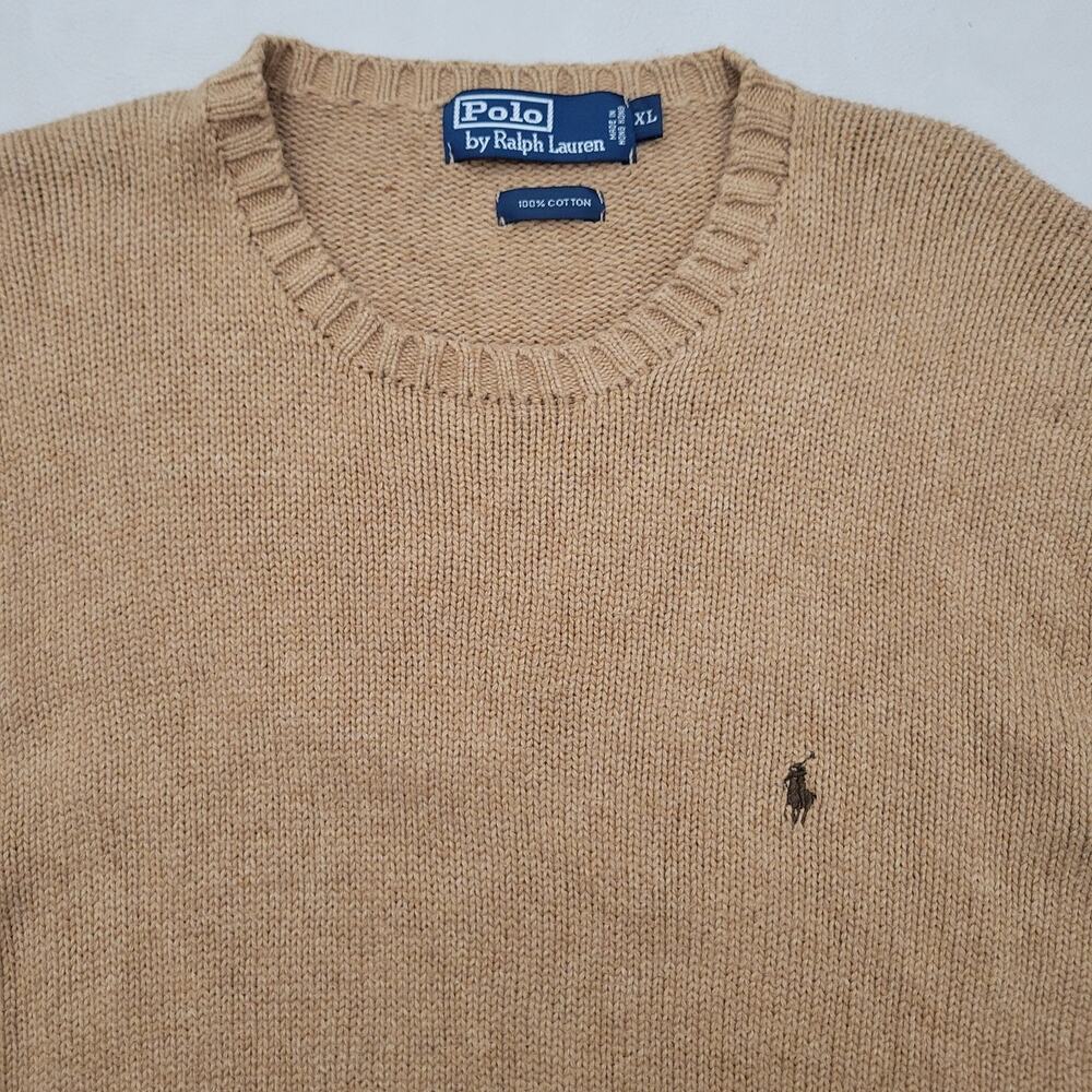 Vintage POLO Ralph Lauren Camel Brown Mens 100% Cotton Sweater Crew Neck XL - Picture 4 of 12